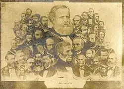 Une vieille illustration montrant en grand le buste épaules d'un homme barbu en surimpression sur un grand nombre de petits bustes