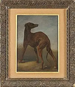 Peinture représentant un lévrier vu de côté.