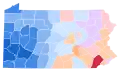 Vainqueur démocrate par comté pour le poste de lieutenant-gouverneur : Fetterman en bleu, Ahmad en orange, Cozzone en rouge et Stack en violet.