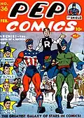 Archie porté par les super-héros The Shield et The Hangman en couverture de Pep Comics no 36, février 1943.