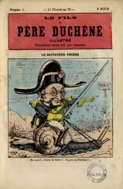Dessin montrant Adolphe Thiers coiffé d'un bicorne et monté sur un escargot, chargeant sabre au poing.