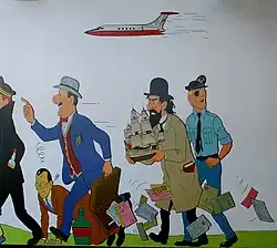 Personnages peints sur le mur blanc d'une station de métro.