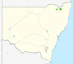 Une carte de la Nouvelle-Galles du Sud montrant la répartition en vert.