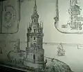 L'îlot de Cordouan après l'édification du phare de Cordouan, vers 1611, avec sur la gauche la tour du Prince Noir et sa chapelle attenante.
