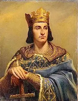 Peinture. En buste, de face. Couronne, cheveux longs, glabre. Cotte de mailles, manteau fleurdelysé. Les mains reposent sur le pommeau de l'épée.