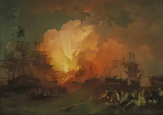 Peinture de Philippe-Jacques de Loutherbourg représentant l'explosion de l'Orient dans la baie d'Aboukir.