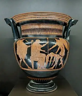 Les Boréades débarrassant Phinée des Harpies, cratère à colonnettes du peintre de Leningrad, v. 460 av. J.-C., musée du Louvre