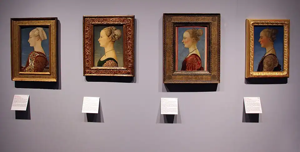 Quatre portraits de profil de femmes de la Renaissance attribués aux frères Pollaiolo, exposés au musée Poldi-Pezzoli, à Milan, en 2014-2015.