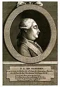 Suffren présenté dans un genre voisin de la précédente illustration, avec la même dédicace, vers 1785.