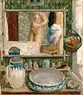 Tableau où une silhouette coupée de femme nue se reflète dans le miroir d'un meuble de toilette avec broc, cuvette et petits objets