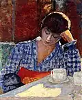 Peinture en couleur figurant une jeune femme accoudée sur une table face à une tasse.
