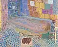 Tableau représentant en plongée, sur fond de carrelages de différentes tailles, formes et couleurs, une baignoire avec une femme allongée dans l'eau