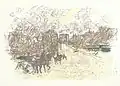 Dessinés d'un trait rapide, cavaliers au premier plan d'une avenue bordée d'arbres menant vers un monument, sous un ciel nuageux.