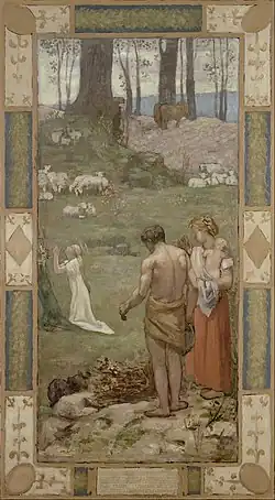 Photographie en couleur d'un tableau représentant deux personnages au premier plan, une bergère au second plan et des moutons et des arbres à l'arrière-plan.