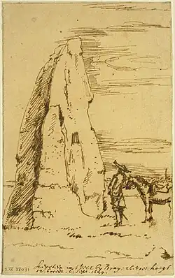 Dessin d'un homme avec son cheval debout près d'un grand rocher qui semble faire quatre fois sa hauteur.