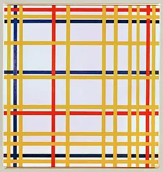 Mondrian, New York City. 1942, huile sur toile, 119,3 × 114,2 cm, musée national d'Art moderne.
