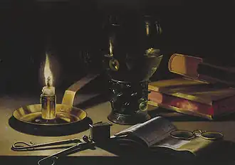 Nature morte à la bougie se consumant, 26,1&nbsp;×&nbsp;37,3&nbsp;cm, 1627 (Mauritshuis, La Haye).