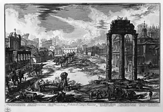 Vestiges du Forum romain avec au premier plan les colonnes du temple des Dioscures, Piranèse, 1748-1774.