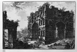 dessin en noir en blanc des vestiges de monuments antiques.