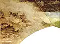 La partie gauche, très abîmée, de la fresque de Pisanello. On y distingue, en bas, le dragon, tapi dans son antre.