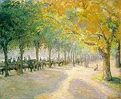 Peinture en couleur de style impressionniste d'une allée de platanes d'un parc de Londres au feuillage jaune, sous le soleil.