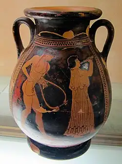 Éphèbe à la lyre et joueuse d'aulos. Pelike à figures rouges. Peintre de l'Ange volant, 490-480. Céramique apulienne, Musée archéologique national, Florence