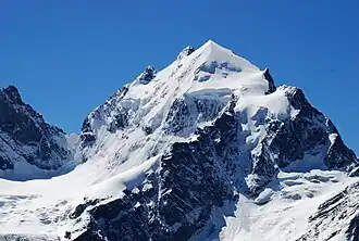 Le Güssfeldtsattel, le Roseg Pitschen, le sommet principal et le Schneekuppe (de gauche à droite).