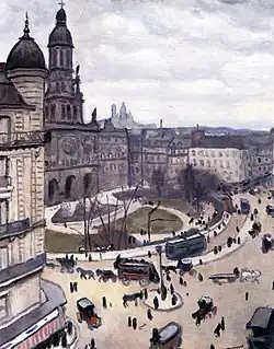 Peinture représentant des quais mouillés avec quelques passants, un pont et un cathédrale sur la droite derrière des arbres