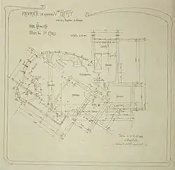 Plan dessiné avec des lignes, courbes et caractères noirs sur fond assez clair