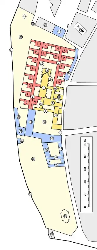 Plan d'une chartreuse comptant dix-neuf cellules de pères.