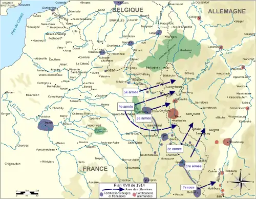 Carte montrant avec des flèches les offensives françaises prévues en Alsace et en Lorraine.