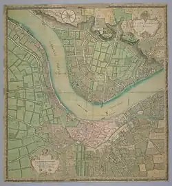Un plan de la ville au XVIIIe&nbsp;siècle. La ville est bien moins étendue qu'aujourd'hui, et la végétation est abondante.