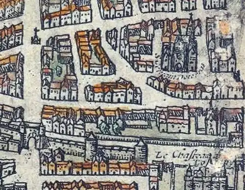Porte Saint-Honoré (en bas et à gauche) de l'enceinte de Philippe Auguste vers 1530 (Plan de Braun et Hogenberg).