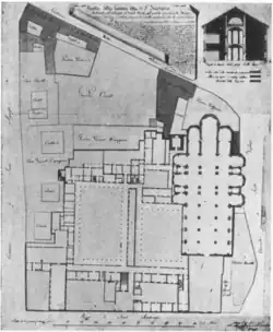 Dessin architectural représentant l'occupation au sol de l'église.
