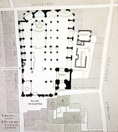 Plan de l'église et du quartier au XVIIIe siècle.