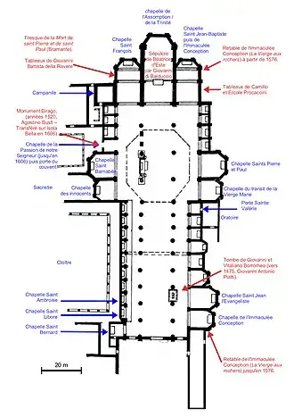Dessin architectural de l'église comportant les noms de ses différentes parties.