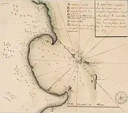 Plan levé en octobre 1725 pour rendre compte du naufrage du Chameau, avec les restes de l'épave et des principaux débris sur les plages.