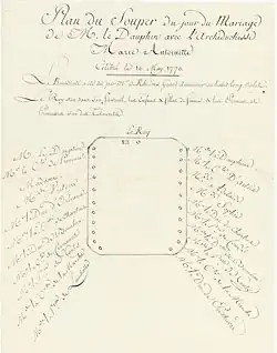 Plan du souper du jour du mariage de M. le Dauphin avec l’Archiduchesse Marie-Antoinette célébré le 16 mai 1770. Archives nationales. K/147/14/2.