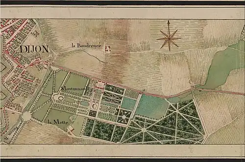 Atlas des routes de Bourgogne , Plan aquarellé du domaine de Montmusard. (Vers 1760)