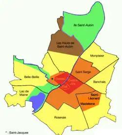 Plan d'Angers présentant les diverses époques de constructions par quartier.