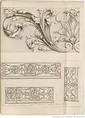 Planches 27 et 28 du Recueil des ouvrages en serrurerie de Jean Lamour, Balcon de la façade de la maison de l'auteur et rinceau d'idée