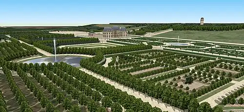 Vue aérienne du domaine, avec les plantations fruitières.