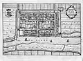 Plan de la ville vers 1649 par J. Blaeu. On y distingue l'espace occupé par le château (dans le coin de la ville à gauche en bas) ainsi que les quatre portes dont la Vispoort qui donne directement sur la Linge.