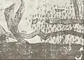 Carte d'Ouchakov (1695) commandée par Pierre Ier et orientée sud. On voit le Dnepr en bas (personnage sur une barque) et parallèlement la rivière Potchaïna qui créent une série d'îles. La plus à gauche est l'actuelle péninsule de Rybalsyi.