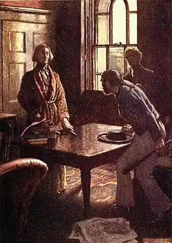 Illustration pour le Double assassinat dans la rue Morgue d'Edgar Allan Poe (1909). Interrogatoire du marin par Dupin.