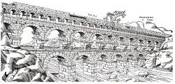 Gravure du Pont du Gard représentant les piliers du deuxième étage échancrées.