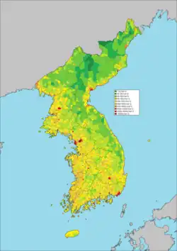 Carte de la Corée en fonction de la densité de population.