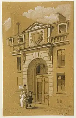 No&nbsp;11 : porte d'entrée de l'ancien hôtel particulier avant sa démolition en 1899 (dessin de Jules-Adolphe Chauvet de 1892).