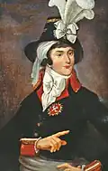 Portrait de Charette de trois quarts avec un chapeau à la Henri IV surmonté d'un panache blanc, un mouchoir de tête et un uniforme vert sombre à revers rouges.