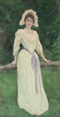 Portrait de Madame Blondeau, commandé par M. Blondeau (mari du modèle) en 1891, exposé au Salon de 1892, huile sur toile, 205&nbsp;×&nbsp;107&nbsp;cm, Fond Municipal d'Art Contemporain, Paris, France, nº&nbsp; inv. CMP3131. Photo : Julien Vidal.